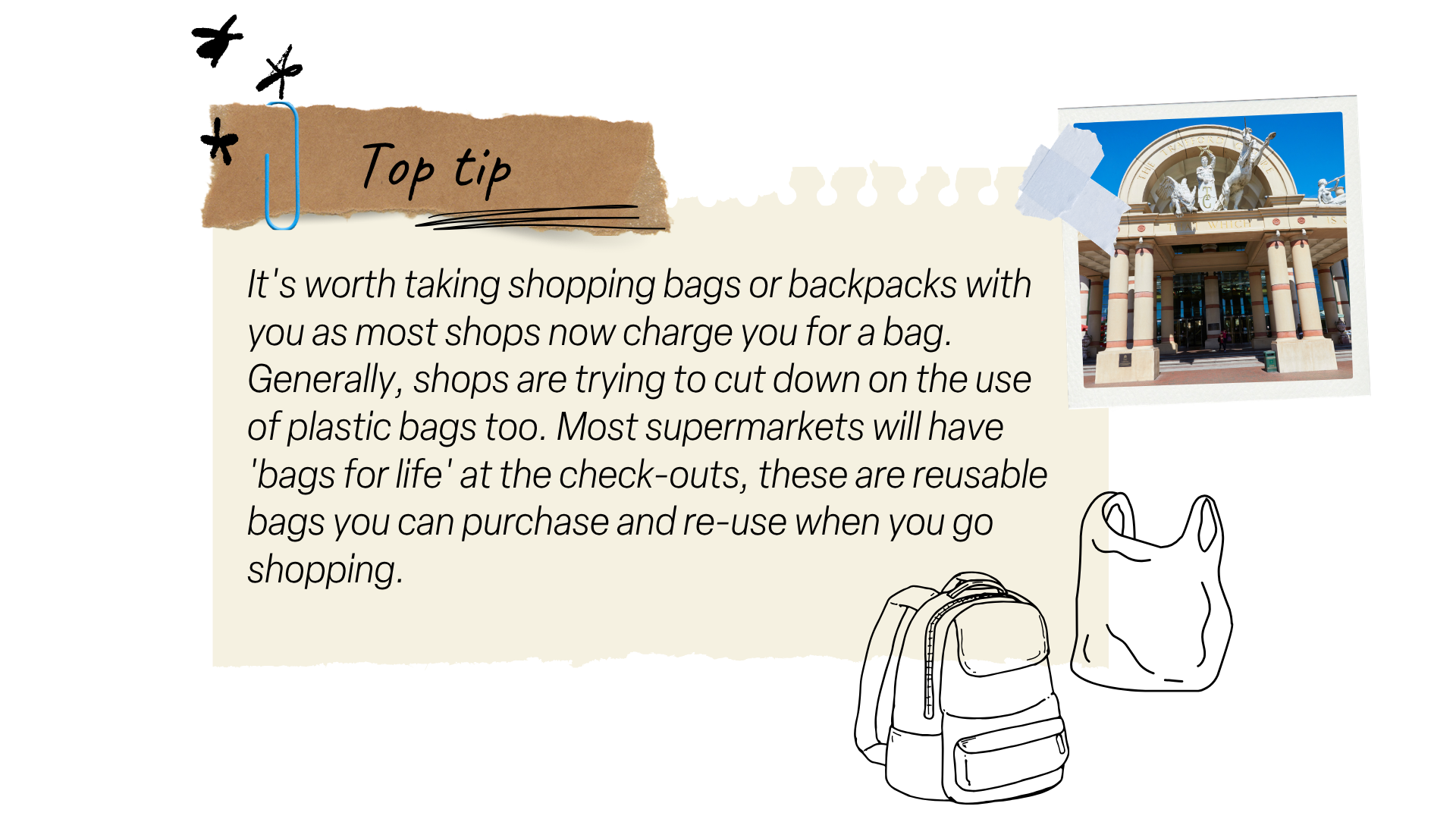 Note with photo of trafford centre and sketches of a backpack and plastic bag