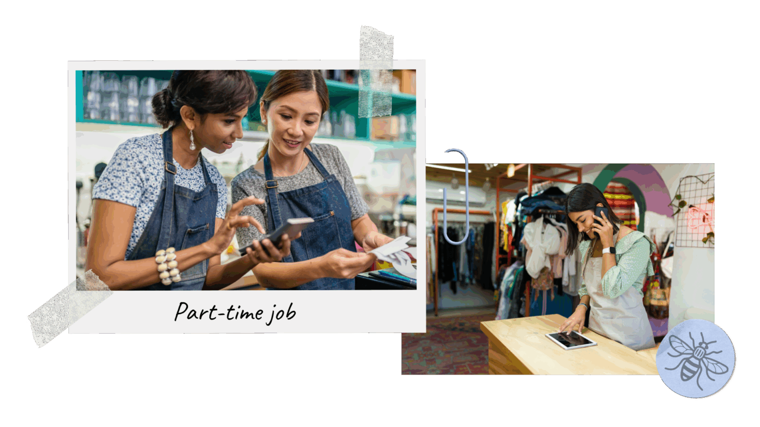 Collage of photos, one showing two girls wearing aprons, the other showing a girl working in a clothes shop